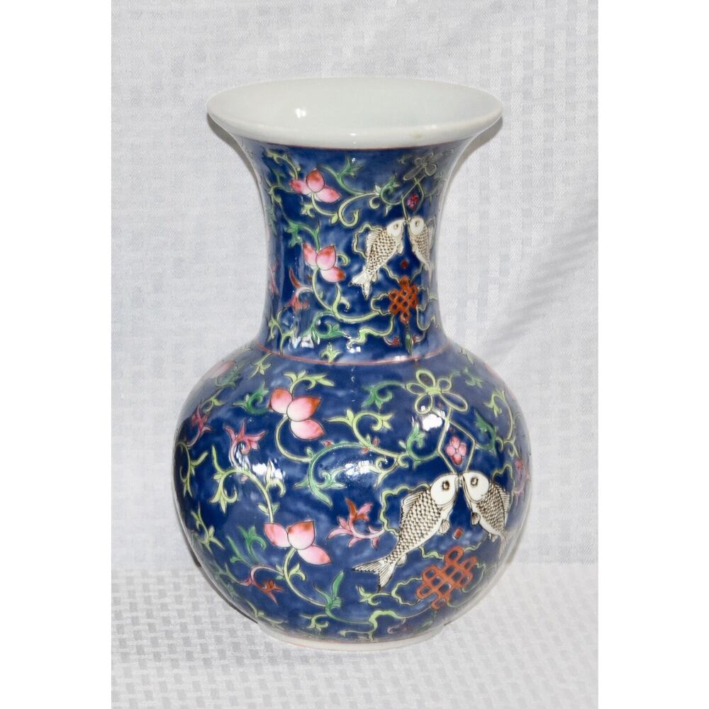Japanese Enamelled Ceramic Hand Painted Peaches and Fish Trumpet Vase - Picture 6 of 7